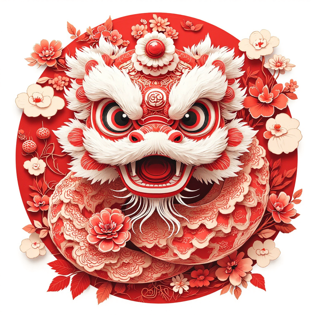 紅色剪紙，帶著醒獅帽子的可愛小蛇，傳統(tǒng)紋樣，新年主題，矢量風(fēng)，白色背景