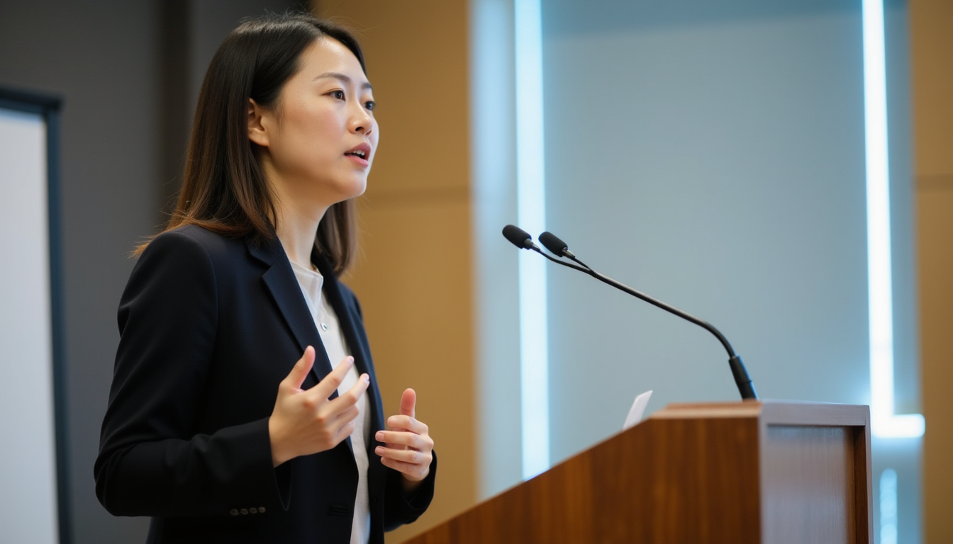 生成一張職業(yè)規(guī)劃咨詢師的職業(yè)照，性別女，職業(yè)裝，講臺(tái)講課或演講時(shí)的照片，要求東方女性，不要圖片拼接，半身照，側(cè)身角度