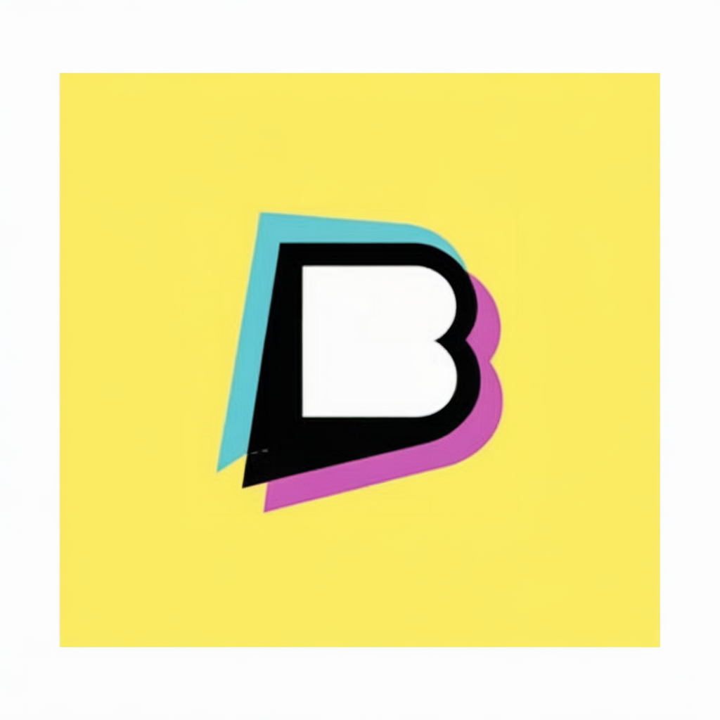 字母 'B' 以鮮艷的黃色背景為襯托。這個(gè)字母 'B' 由三個(gè)不同的層次組成：一個(gè)白色的大寫 'B'、一個(gè)黑色的小寫 'b'，以及它們之間的粉紫色層。這個(gè)設(shè)計(jì)給字母帶來(lái)立體的外觀，粉紫色的層看起來(lái)稍微重疊在黑色層上。,logo icon