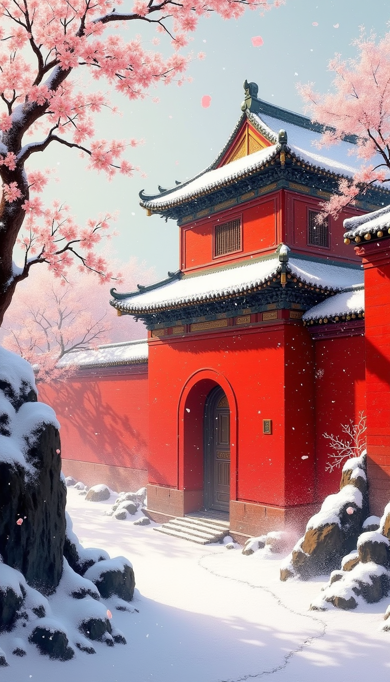 馬丁紅墻，精美的數(shù)字藝術(shù)插圖，油畫風(fēng)格，捕捉中國(guó)宮殿在冬季的寧?kù)o之美，以馬丁風(fēng)格的紅墻為主，籠罩在輕輕飄落的雪花中。場(chǎng)景以積雪覆蓋的巖石和嬌嫩的白色梅花為特色，與鮮紅色形成鮮明對(duì)比。通過(guò)宮殿復(fù)雜的建筑細(xì)節(jié)、柔和的散射光以及平衡暖紅色和冷白色的構(gòu)圖來(lái)增強(qiáng)視覺(jué)深度，確保高分辨率清晰度以突出雪和古磚的紋理。
